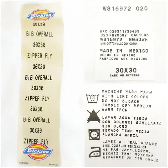 DICKIES Traditional Fit white classic denim Painters Bib Overalls Sz 30 x 30 NEW - Picture 6 of 7